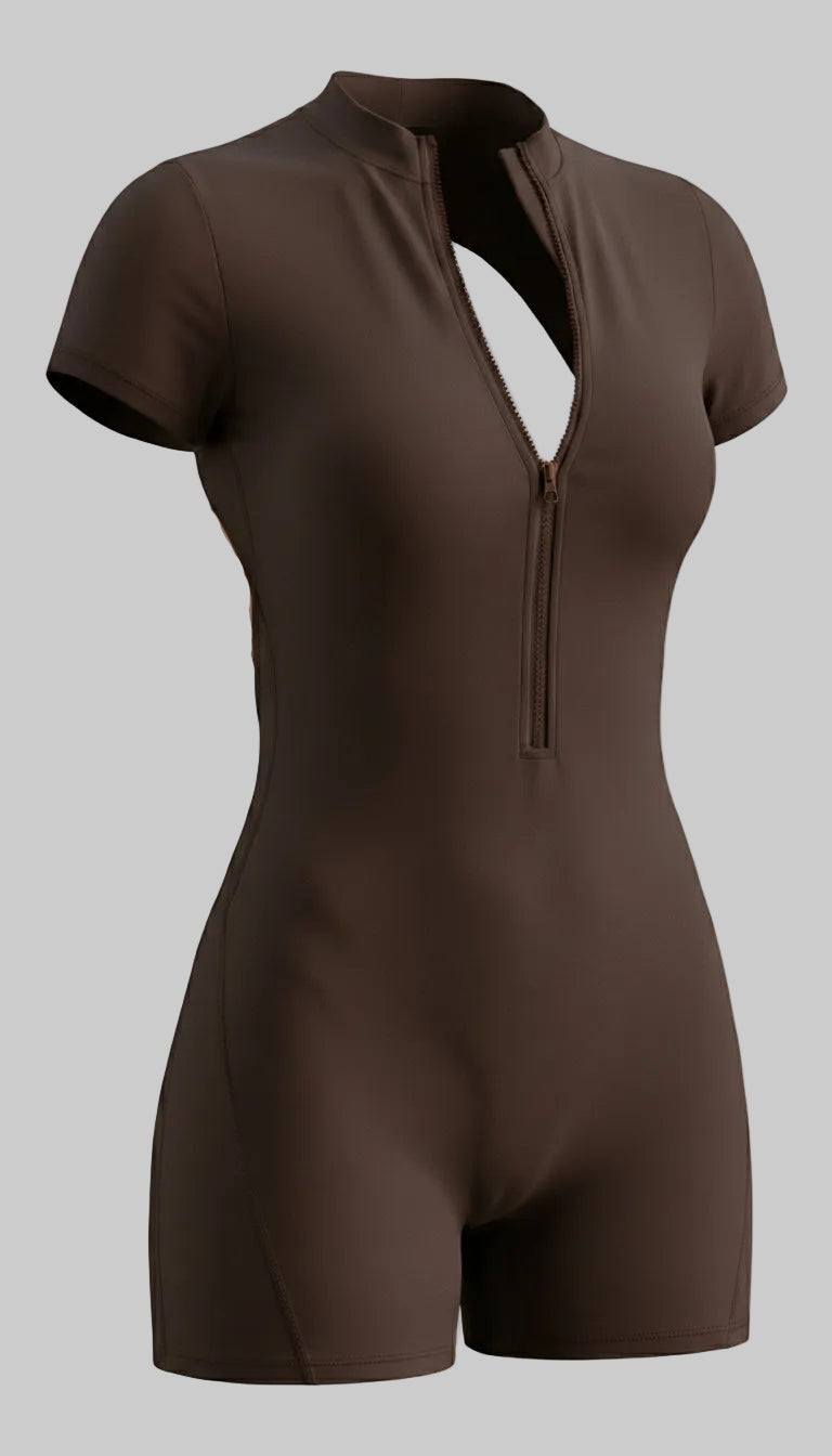 BUTTERFLY Sculpting Yoga Short Jumpsuit Zipper - Brown