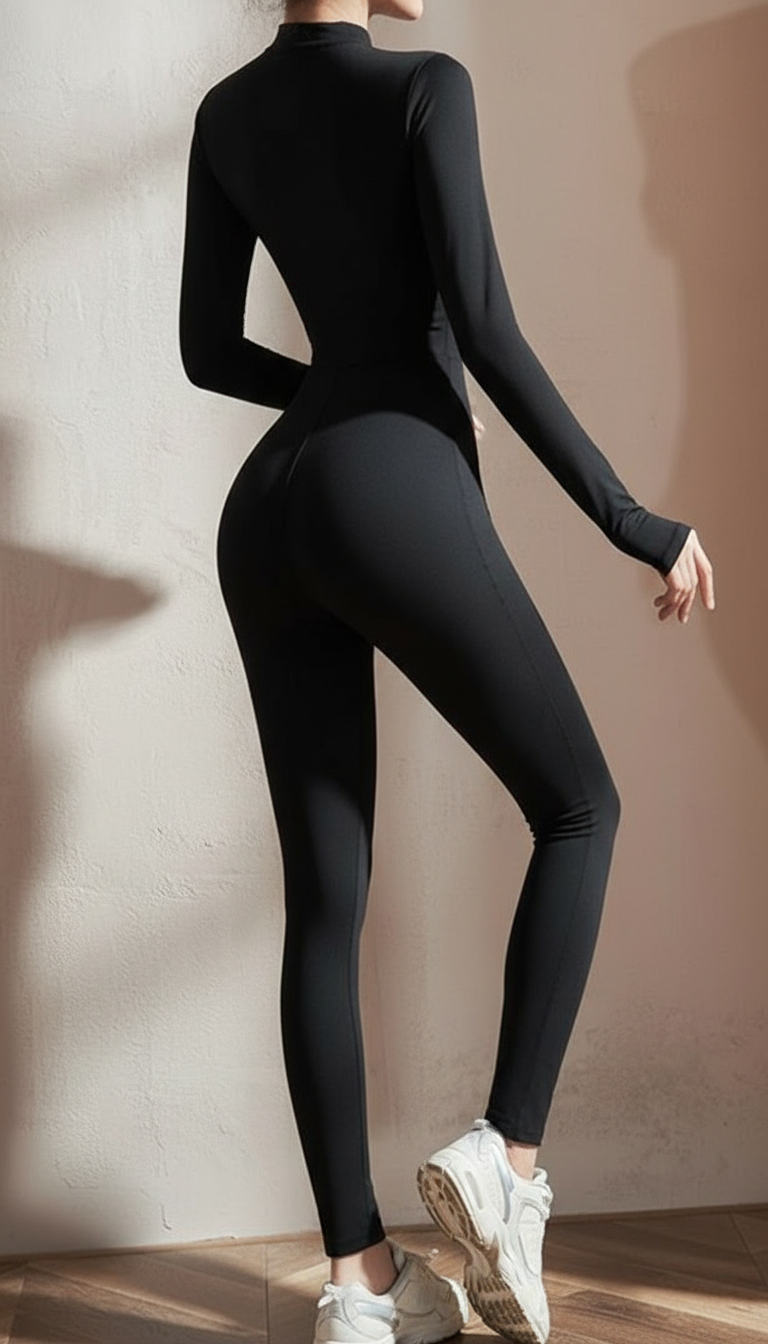 BUTTERFLY Yoga Jumpsuit Long Sleeves Zipper - Black