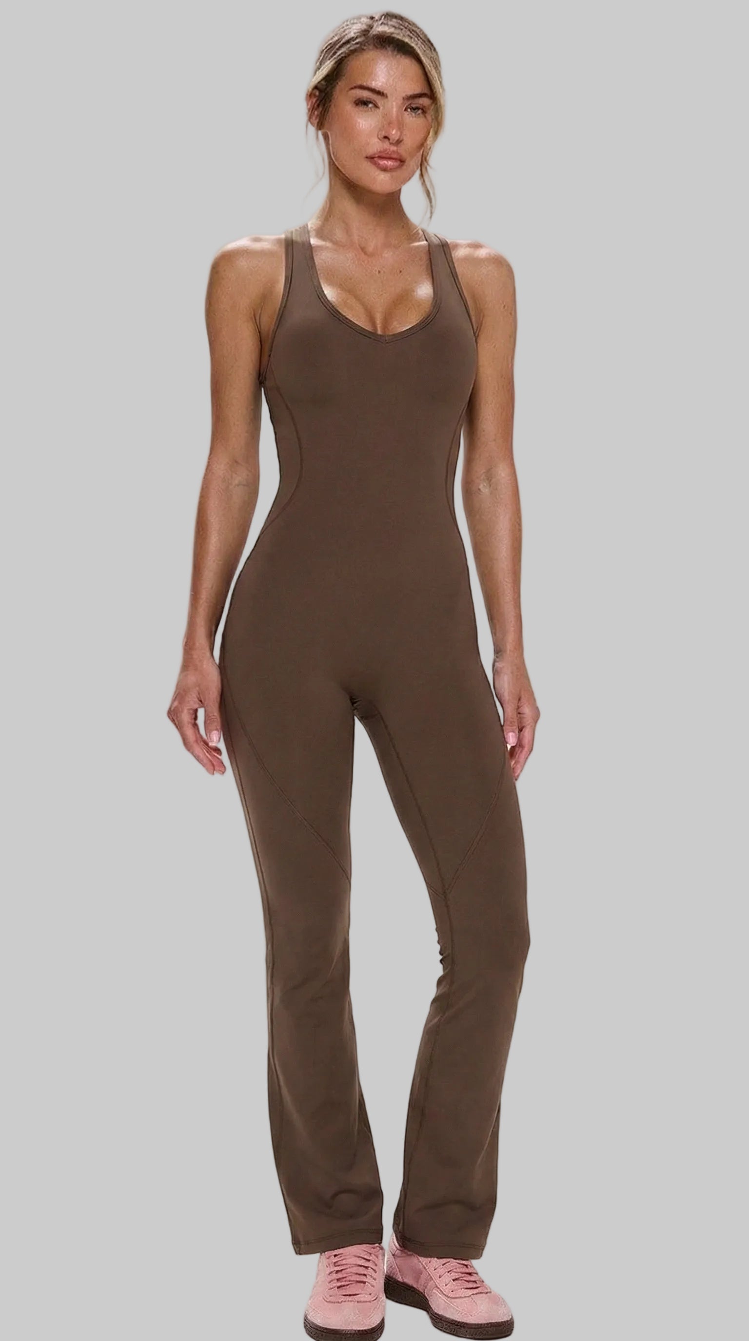 BUTTERFLY Seamless Flare Open Back Yoga Jumpsuit - Brown