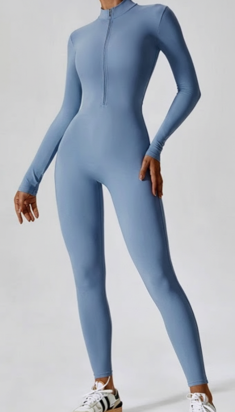 BUTTERFLY Yoga Jumpsuit Long Sleeves Zipper - Light Blue