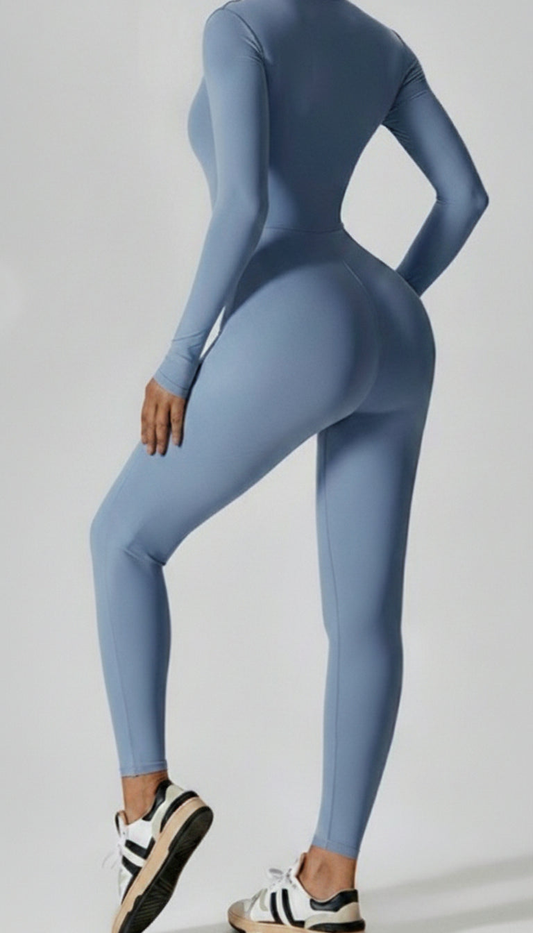 BUTTERFLY Yoga Jumpsuit Long Sleeves Zipper - Light Blue