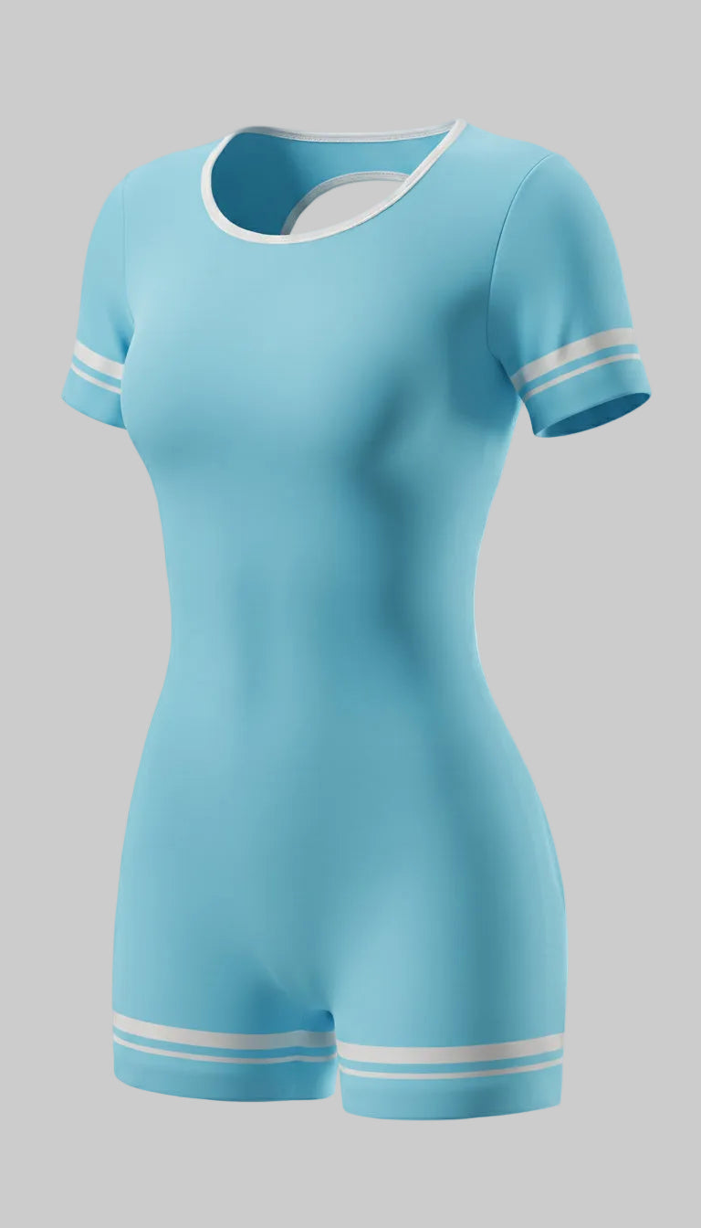 BUTTERFLY Open Back Short Sleeve Yoga Jumpsuit - Light Blue