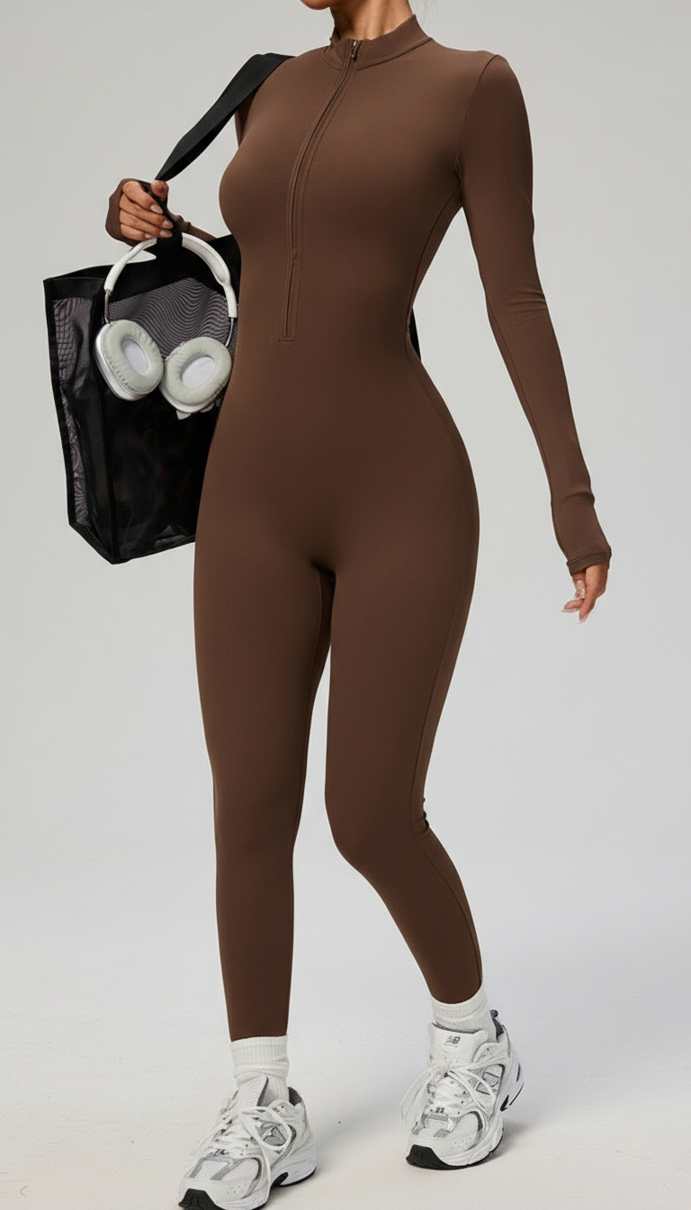BUTTERFLY Yoga Jumpsuit Long Sleeves Zipper - Brown