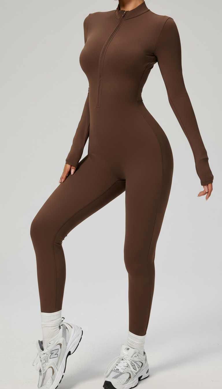 BUTTERFLY Yoga Jumpsuit Long Sleeves Zipper - Brown