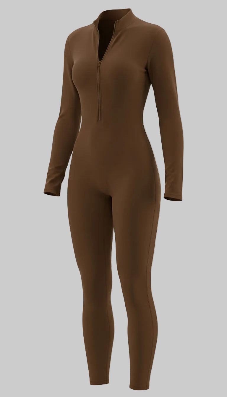 BUTTERFLY Yoga Jumpsuit Long Sleeves Zipper - Brown